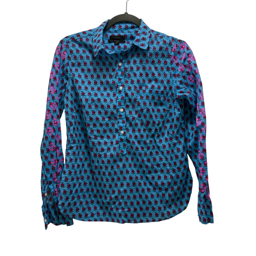 J.Crew Classic Popover Womens Floral‎ Block Print Half Button Down Shirt Size XS